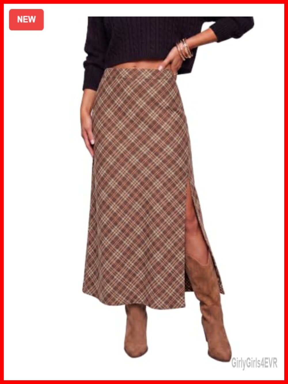 Plaid Maxi Skirt A-Line High Rise Side Slit Long Skirt for Women